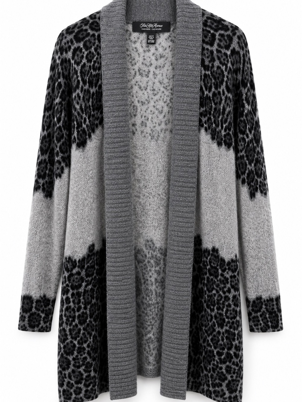 Saks Fifth Avenue Black Label Gray and Black Leopard-Pattern Open Cardigan